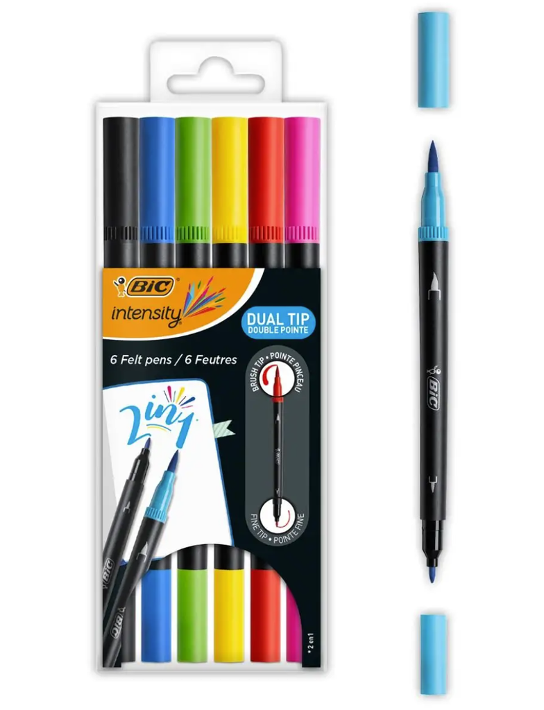Feutre de coloriage et calligraphie 2 en 1 pointe pinceau et pointe fine (assort. 6 couleurs)