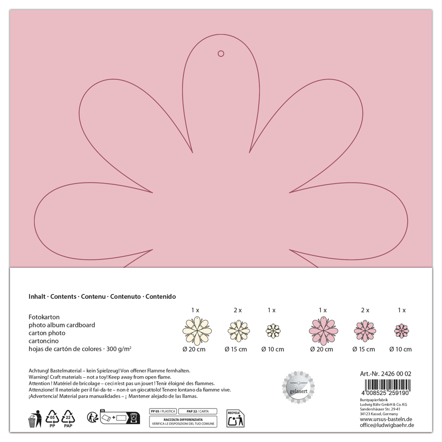 Fleurs en papier rose/jaune en carton photo 300g/m2 - 8 pièces de 10-15-20cm