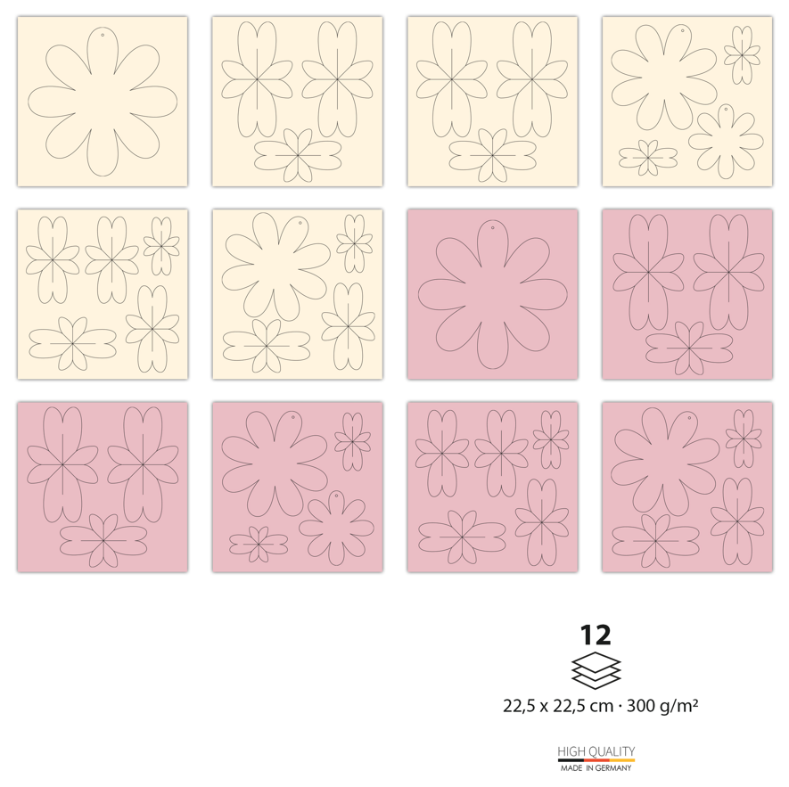 Fleurs en papier rose/jaune en carton photo 300g/m2 - 8 pièces de 10-15-20cm