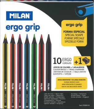 Crayons de couleur ergo grip Milan, 10 couleurs +
1 aiguise-crayons