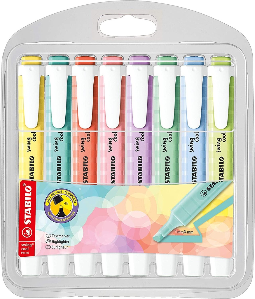 Surligneur Stabilo swing cool Pastel, 
assortiment 8 couleurs