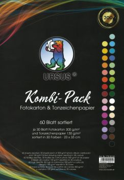 Kombi-Pack Fotokarton & Tonzeichenpapier, 60 Blatt sortiert, je 30 Blatt Fotokarton 300 g/m2 und Tonzeichenpapier 130 g/m2 sortiert in 30 Farben,
23 x 33 cm