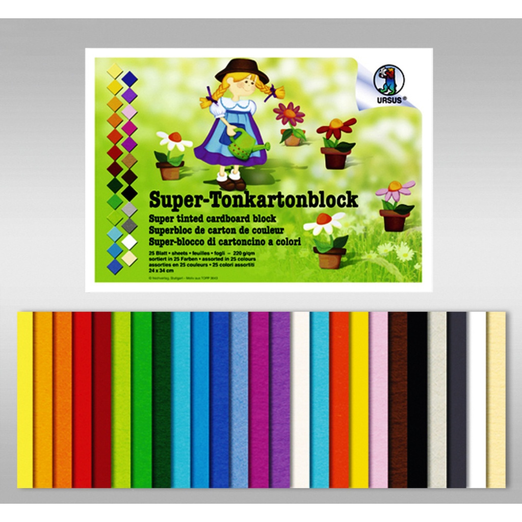 Bloc de carton de couleur, 25 feuilles assorties en 25 couleurs, 220 g/m2, 24 x 34 cm