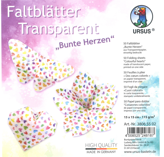 Feuilles à plier en papier transparent «Coeurs» 15 x 15 cm, 50 feuilles 115 g/m2