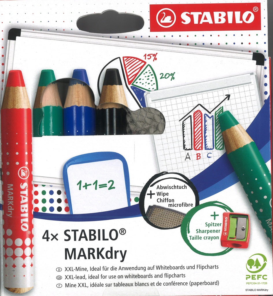 Crayons marqueurs STABILO MARKdry, assortiment 4 couleurs + 1 taille-crayon + 1 chiffonnette