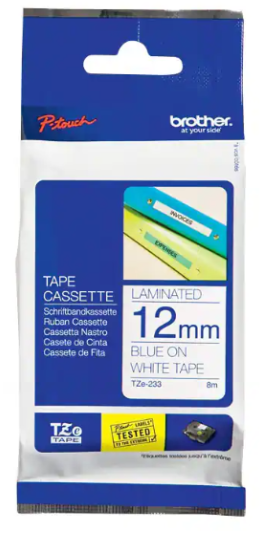 Farbband für Brother Beschriftungsgerät TZe-233 Band 12 mm weiss / Schrift blau