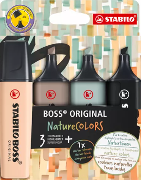Surligneur Stabilo  Boss couleurs nature , assortiment 4 couleurs beige-gris-vert terre - marqueur noir