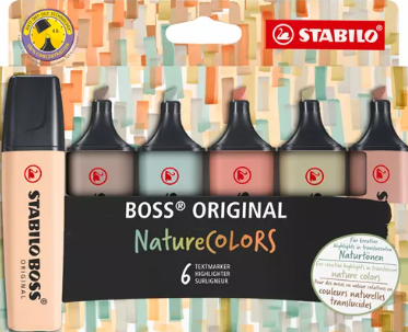Surligneur Stabilo  Boss couleurs nature , assortiment 6 couleurs vert boue,vert terre, umbra, sienna, beige, gris chaud