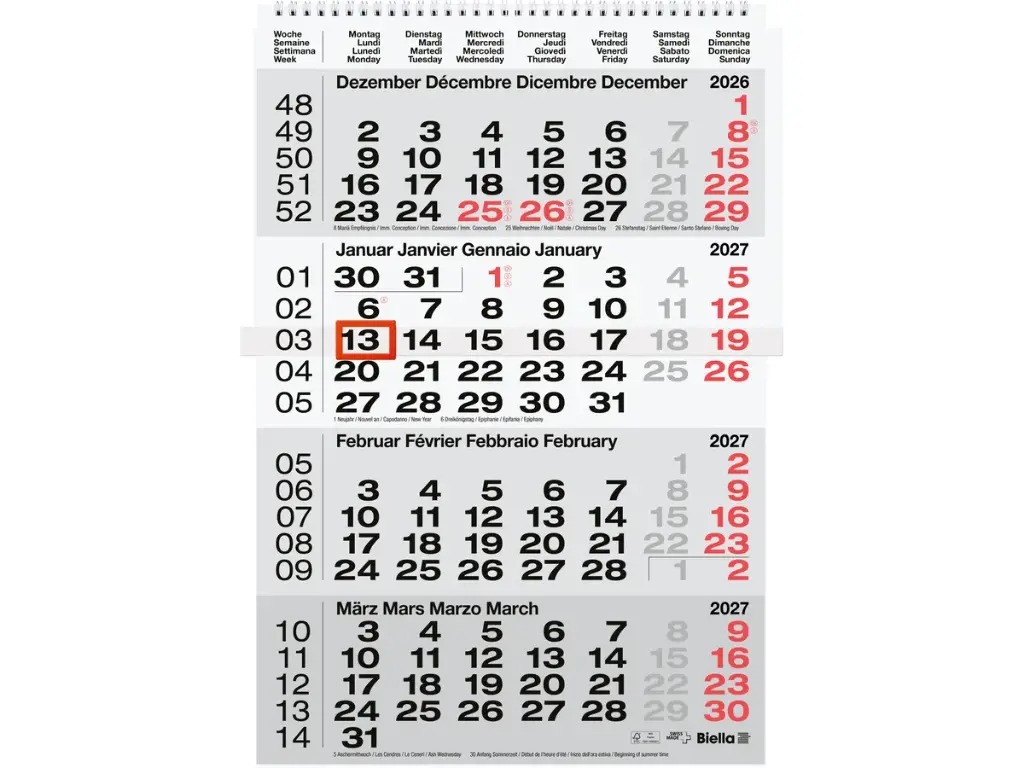 Calendrier mural 4 mois 2027