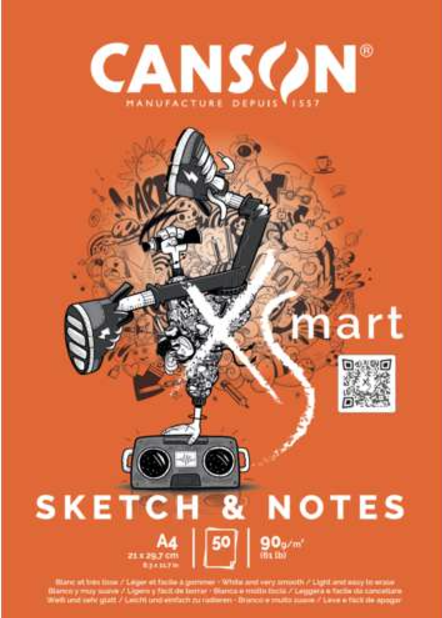 Studienblock canson XS'MART SKETCH & NOTES, DIN A4 weißes, sehr glattes und leichtes Papier, 50 Blatt