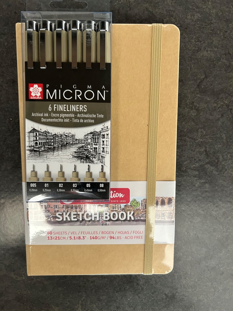 Skizzenbuch Talens Art Creation Kraft 13 x 21 cm - 80 Blatt mit Pigma Micron Fineliner Set 6 Stifte schwarz