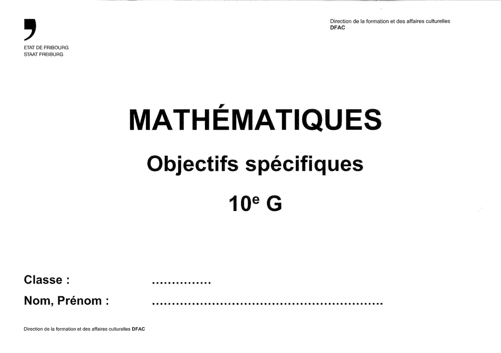 Mathématiques Objectifs spécifiques 10e G Edition 2026/2027