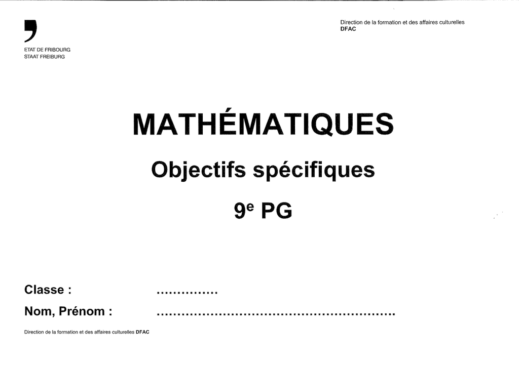 Mathématiques Objectifs spécifiques 9e PG