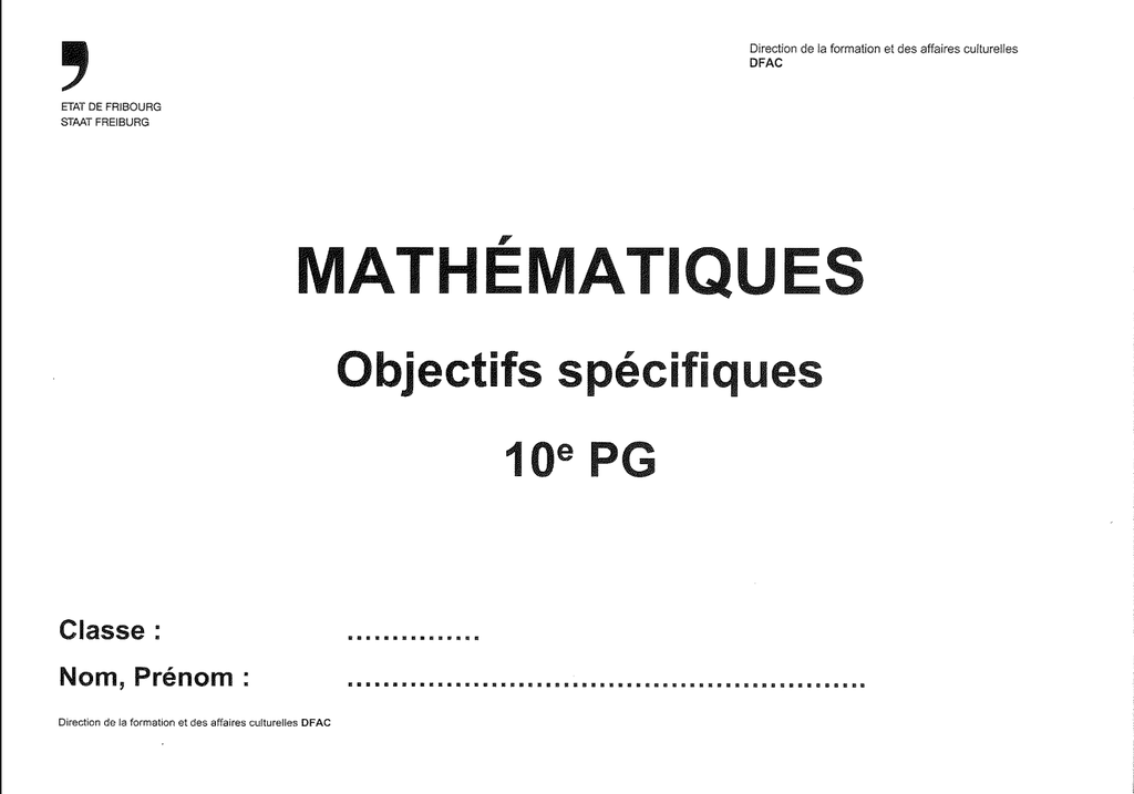 Mathématiques Objectifs spécifiques 10e PG Edition 2026/2027