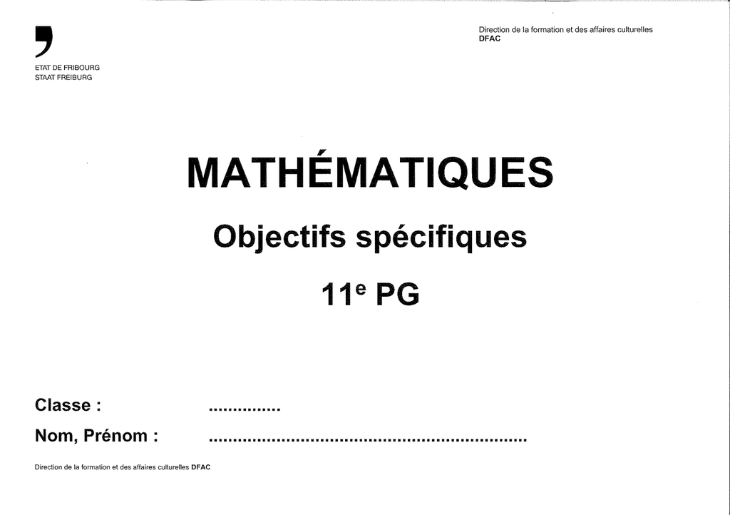 Mathématiques Objectifs spécifiques 11e PG
