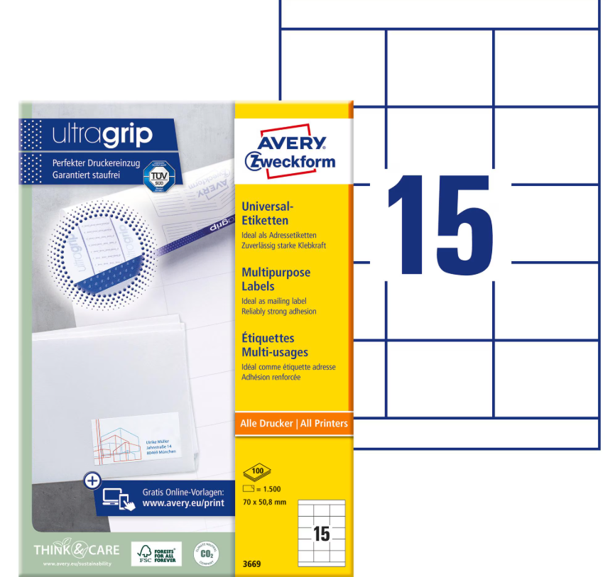 Etiquettes Avery Zweckform 70 x 50.8 mm 3669 (15 par page)