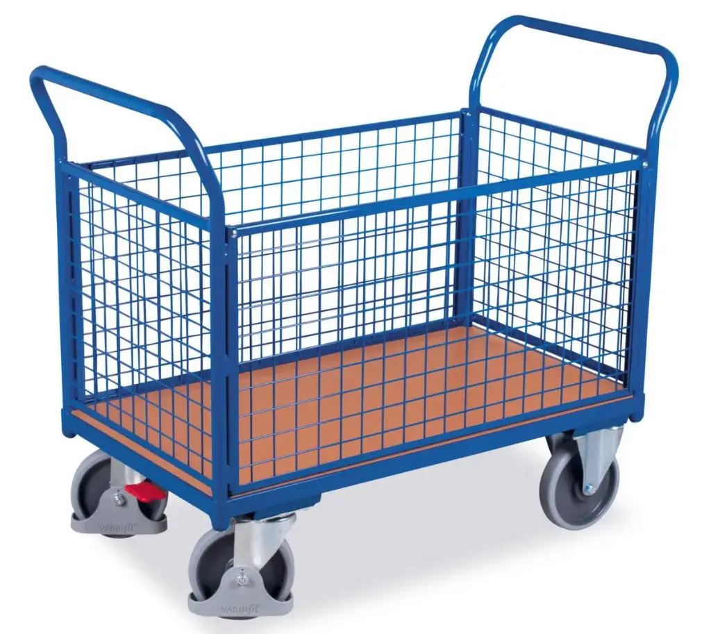 Chariot à quatre parois grillagées, force 500 kg, plateau longueur x largeur 970 x 660 mm
