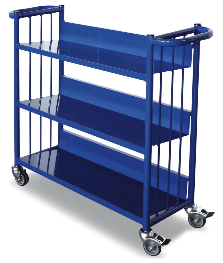 Chariot pour livres et dossiers avec étagères inclinées, force 150 kg, 3 plateaux