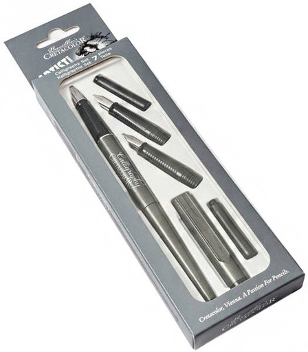 [67.493] Kalligraphie Set 7 - teillig Federn in 3 verschieden Stärken 1.1mm - 1.5mm - 2.3mm -  3 Tintenpatronen schwarz