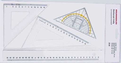[69.005] Set de géométrie comprenant: 1 règle 30 cm, 1 rapporteur, 1 équerre 45° 21 cm, 1 équerre 60° 21 cm