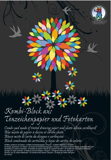 [94.405] Kombi-Block, bloc mixte de papier à dessin et carton photo, 130 g/m2 + 300 g/m2, 23 x 33 cm, 50 feuilles assorties en 25 couleurs
