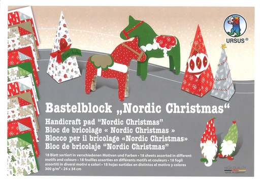 [94.178] Bastelblock «Nordic Christmas» 24 x 34 cm, unifarben durchgefärbt, Motive beidseitig bedruckt, sortiert in 9 Motiven, 300 g/m2
