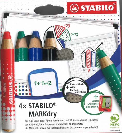 [61.260] Crayons marqueurs STABILO MARKdry, assortiment 4 couleurs + 1 taille-crayon + 1 chiffonnette