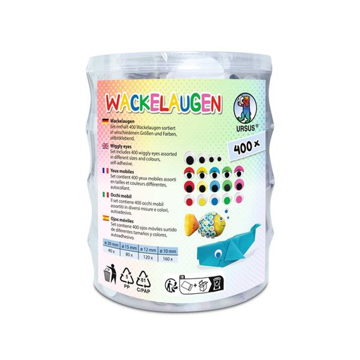 [83.138] Set de 400 yeux mobiles ronds ø assorti en tailles et couleurs différentes, autocollant
