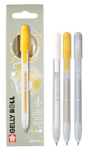 [67.374] Stylos gel rétractables à encre métallique blanc-or-argent Gelly Roll Click (bte de 3 pièces)