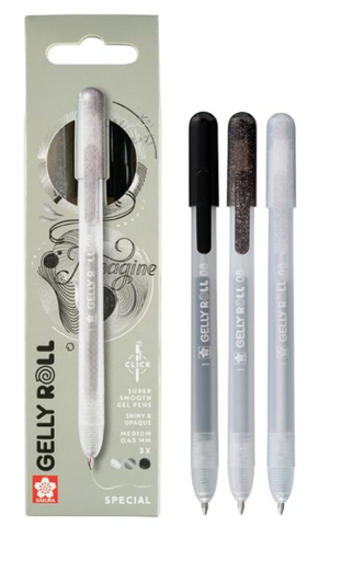 [67.386] Stylos gel rétractables à encre métallique noir-argent-blanc Gelly Roll Click (bte de 3 pièces)