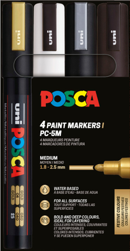 [91.163.5] Marqueurs Posca PC-5M assortiment de 4 couleurs blanc-or-argent-noir